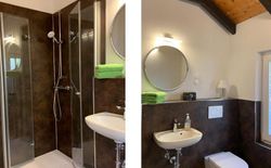 Bild 7: Bad/Dusche. Das Bad (neu 2021) mit ebenerdiger Dusche, WC, Waschbecken und genügend Ablagefläche.