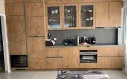 Bild 8: Küche mit erhöhter Geschirr- waschmaschine, Weinfrigor, Indukrionsherd, Backofen mit Mikrowelle, Sep Tiefkühler 32 lt